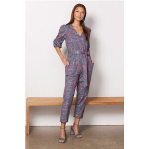 EVEREVE NWT Ember Multicolor Tie Waist Print Puff Sleeve Jumpsuit // XS